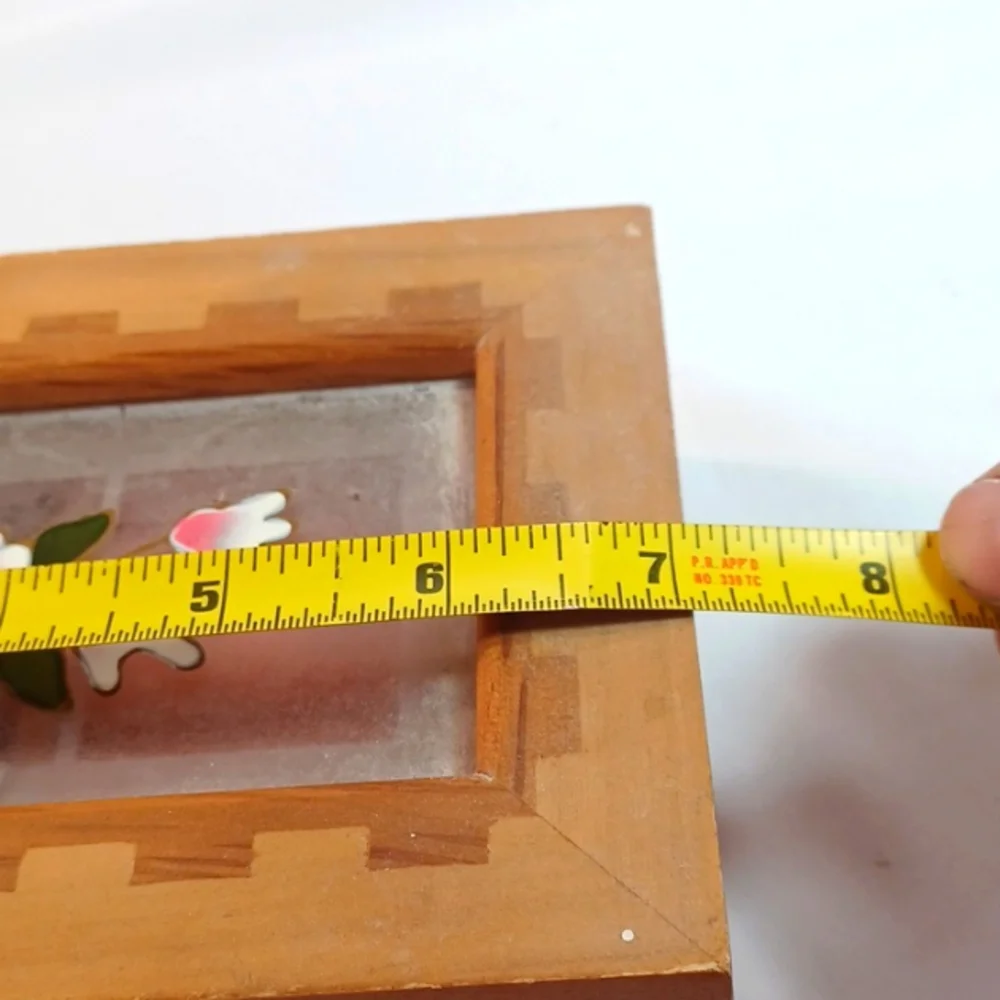 Vintage 80S Wooden Jewelry Box with Floral Stain Glass Flip Top Design